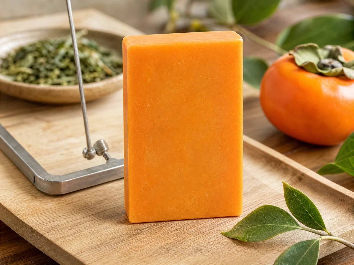 Persimmon soap on a wooden cutting board with botanicals