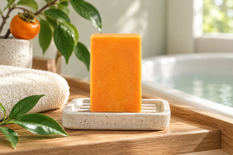 Soap on a bath-side shelf