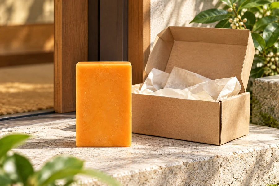 Persimmon soap with an opened delivery box