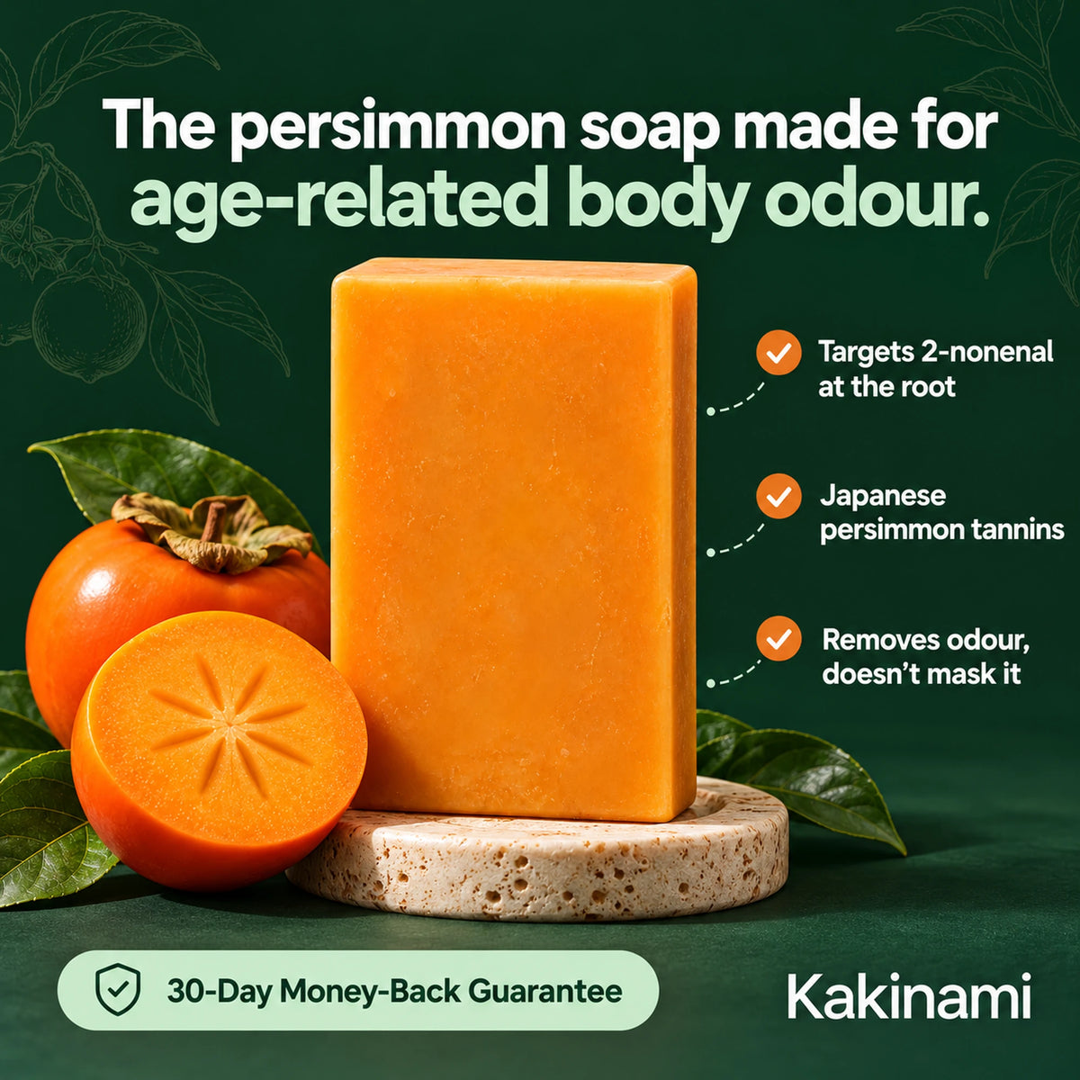 Kakinami persimmon soap on a travertine dish with persimmons and product benefit callouts