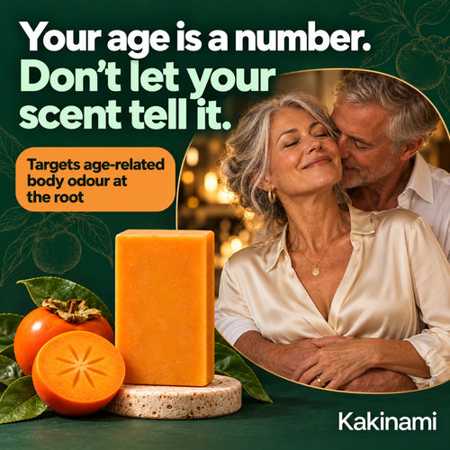 Mature couple embracing with Kakinami persimmon soap