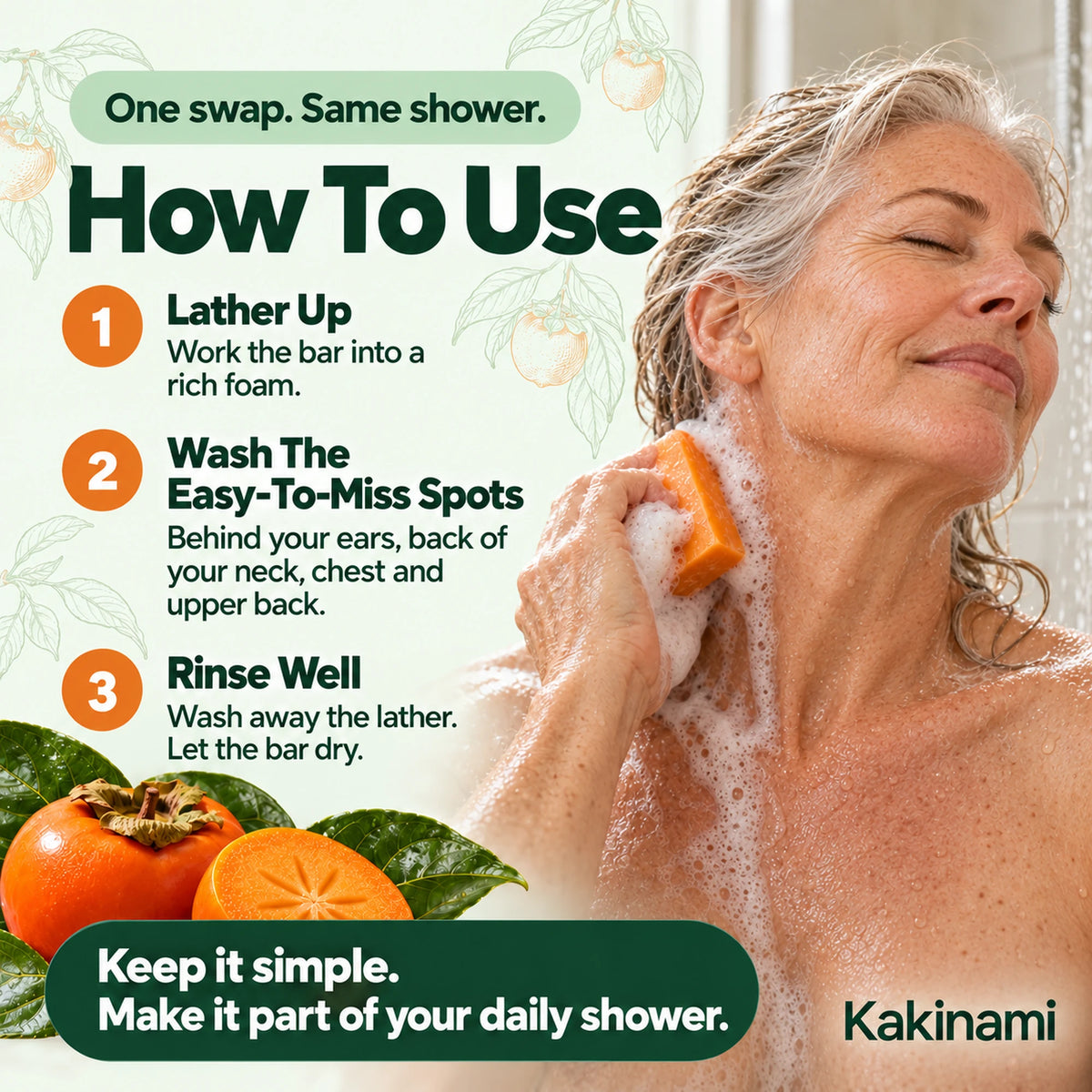 Mature woman washing her neck with Kakinami soap and three-step instructions